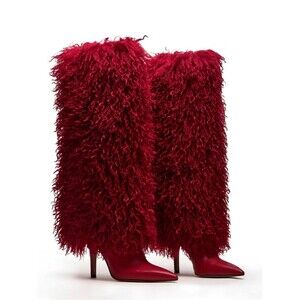 XBKXMK Red Fur Knee High Boots Pointed Toe Stiletto Heel Fold Over Wide Calf 7